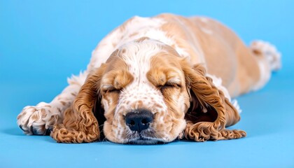 Sleepy puppy resting on blue