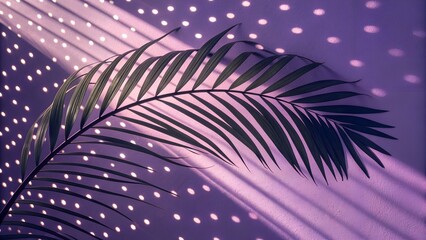 Naklejka premium Artistic shadow play of a tropical palm leaf on purple background, with dotted light reflections