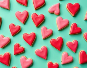 Obraz premium Homemade heart-shaped cookies on a refreshing mint green background, perfect for Valentine's Day, confectionery, love
