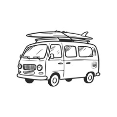 Vintage camper van with surfboards on roof in black and white drawing