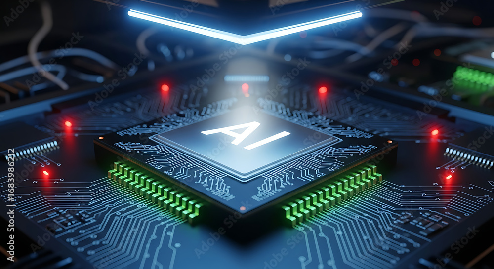 Aufkleber detailed view of a glowing ai chip on a circuit board with neon lights and red indicators visible