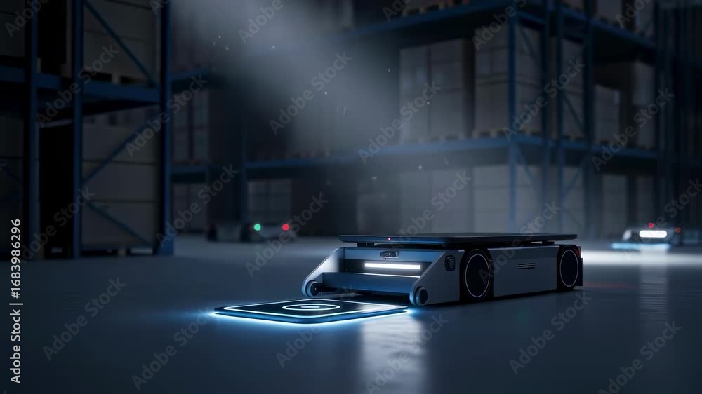 Poster wide frame of autonomous tug operating in dimly lit warehouse placing wireless charger pad seamlessl