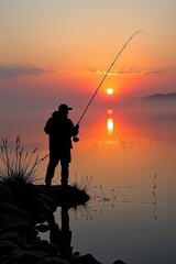 Silhouetted angler casts line into misty lake at sunrise, tranquil scene, calm, still, angler