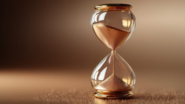 Elegant glass hourglass with golden sand, placed on a reflective surface, illuminated by soft warm light.
- Powered by Adobe