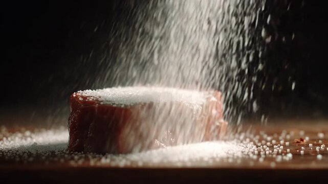 close-up of meat with a sprinkle of salt