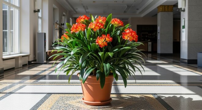 Vibrant clivia plant with bright orange flowers in sunny indoor setting