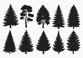 Fototapeta premium Collection of diverse pine and evergreen tree silhouettes for nature and forest themed designs white background