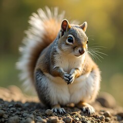 Squirrel, squirrel sitting in nature, sunlight falling on it from the side, making it more visible and attractive, close-up shot, natural background