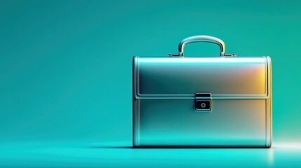 Luxury metallic briefcase in iridescent turquoise and gold tones, placed against a bright teal backdrop.

