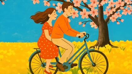 Whimsical illustration of a couple cycling through a flower field under cherry blossoms. Side angle captures joyful motion, resembling a storybook video scene. Live desktop wallpaper.