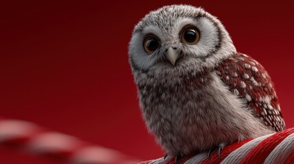 Obraz premium Adorable young owl perched on a red-and-white striped surface, with a warm red backdrop.