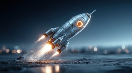 Fototapeta premium Retro-style metallic rocket ship launching with fiery exhaust against a cool blue twilight background.