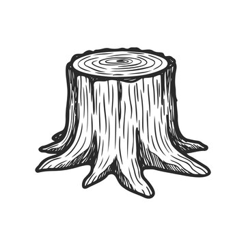 Detailed black and white illustration of a tree stump