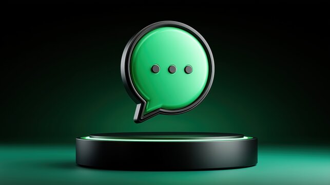 Minimal matte green speech bubble icon with three dots on a sleek black base over glowing green.

