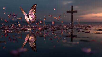 Butterfly swarm dances above water at sunset with cross silhouette in the background