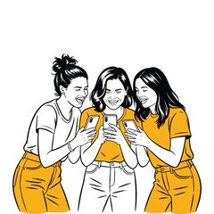 Group of happy young women looking at smartphones together illustration