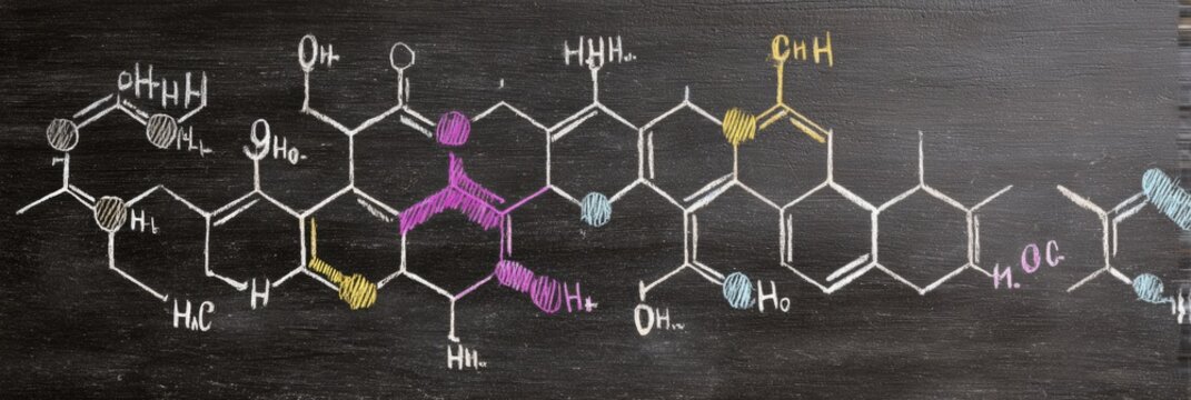 Colorful molecular structures are drawn on a chalkboard, showcasing various organic compounds in an educational environment, likely during a chemistry class. - Powered by Adobe