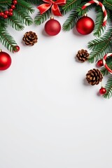 Festive Christmas decorations on a clean white background, including ornaments, garland, and pine cones, gold, background, merry