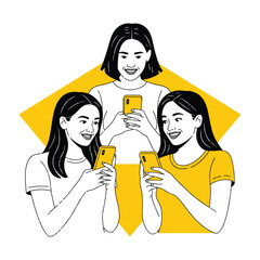 Group of young women using smartphones together, digital lifestyle illustration
