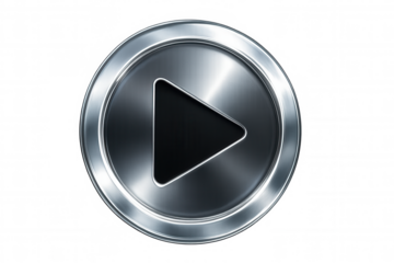 Metallic play button featuring black triangular icon, floating on transparent surface, ready for digital media design use
