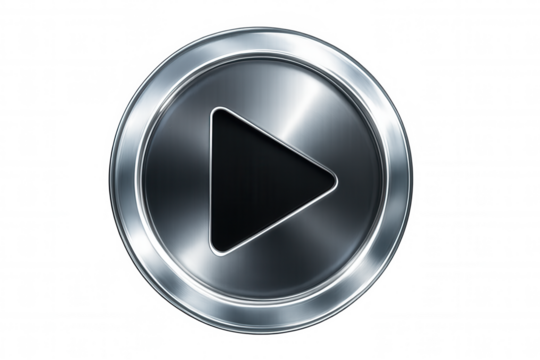 Metallic play button featuring black triangular icon, floating on transparent surface, ready for digital media design use