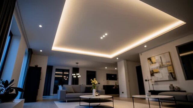 Wide angle view of a living room ceiling featuring newly installed LED cove lighting highlighting ambient illumination and sleek interior design.