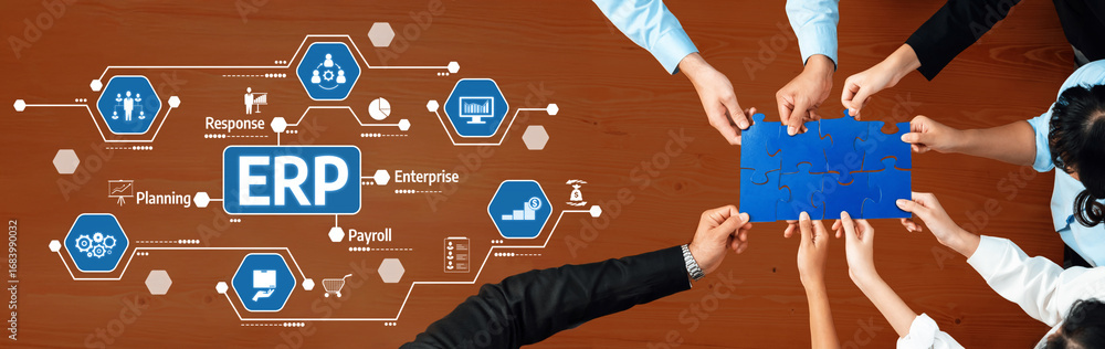 Poster a group of professionals collaboratively working on an erp solution. the image showcases teamwork as