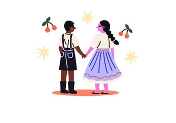 A cute couple holding hands in summer outfits surrounded by bright fruits and flowers, enjoying the warm weather, outdoor fun, and love, perfect for summer-themed photo collections.