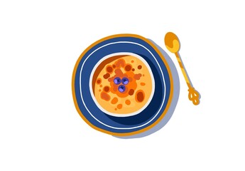 Cartoon illustration of a bowl of creamy oatmeal topped with blueberries, served on a colorful blue plate with a golden spoon. The dish is warm, comforting, and perfect for a healthy breakfast