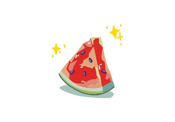 Cartoon illustration of a fresh slice of watermelon with red flesh, black seeds, and a green rind. The watermelon slice is bright and juicy, adorned with sparkling effects, perfect for summer