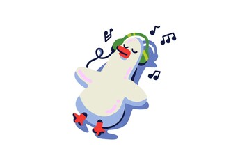 Cartoon illustration of a cute duck relaxing with headphones, enjoying music. The colorful design shows the joyful duck with a red beak, laying back and listening to tunes, surrounded by musical notes