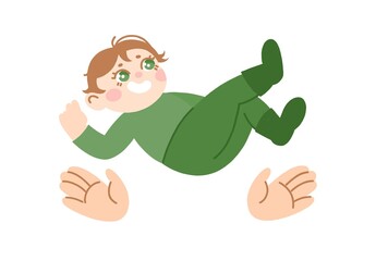 Playful illustration of a child in green clothes happily falling, supported by two large hands reaching out. The cute, colorful scene captures the joy and innocence of childhood.