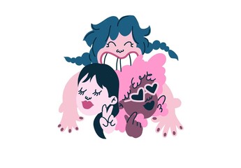 Fun and vibrant illustration of three friends with unique hairstyles and expressions. A joyful and playful scene showcasing youthful energy, a peace sign, heart-shaped sunglasses, and a big smile