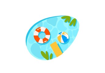Playful summer illustration featuring a swimming pool with a lifebuoy, beach ball, and a yellow float. The bright colors and fun elements capture the essence of summer fun and water activities