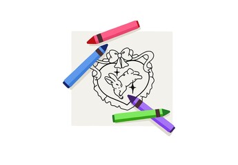 d Creative illustration of a bunny coloring page with crayons on the side. The drawing features a cute rabbit and a decorative ribbon. Perfect for kids’ art activities, Easter, or springtime fun