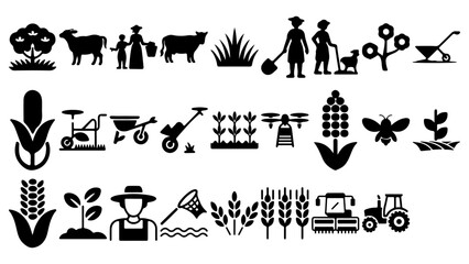 Silhouettes Set of Agriculture Vector Images on Transparent White Background