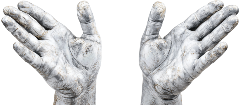 Two artistic hands in light paint finish with open palm gestures, cropped composition, isolated on transparent background.
