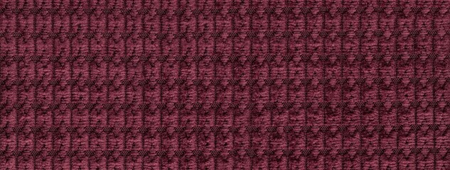 Texture of dark red velour textile background with checkered pattern, macro. Structure of plush...