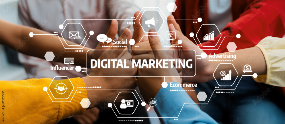 Aufkleber a dynamic scene showcasing teamwork in digital marketing, with diverse hands uniting around innovati