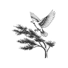 Obraz premium Black and white illustration of bird in flight over tree