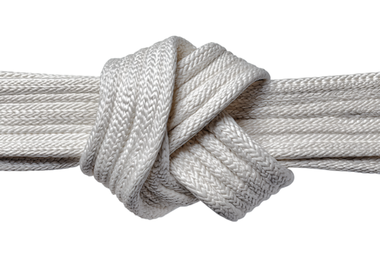 A martial arts white belt tied in a square knot with visible folds, centered flat lay, isolated on transparent background.