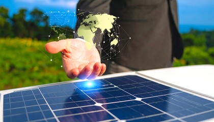 Businessman holding a world map hologram over solar panels