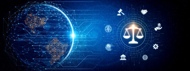 Futuristic digital law interface displaying justice scale, highlighting digital law, AI compliance, digital law systems, and digital law regulations for secure governance. Spline