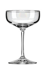 A polished champagne coupe glass with thin stem and round base, empty and centered, isolated on transparent background.
