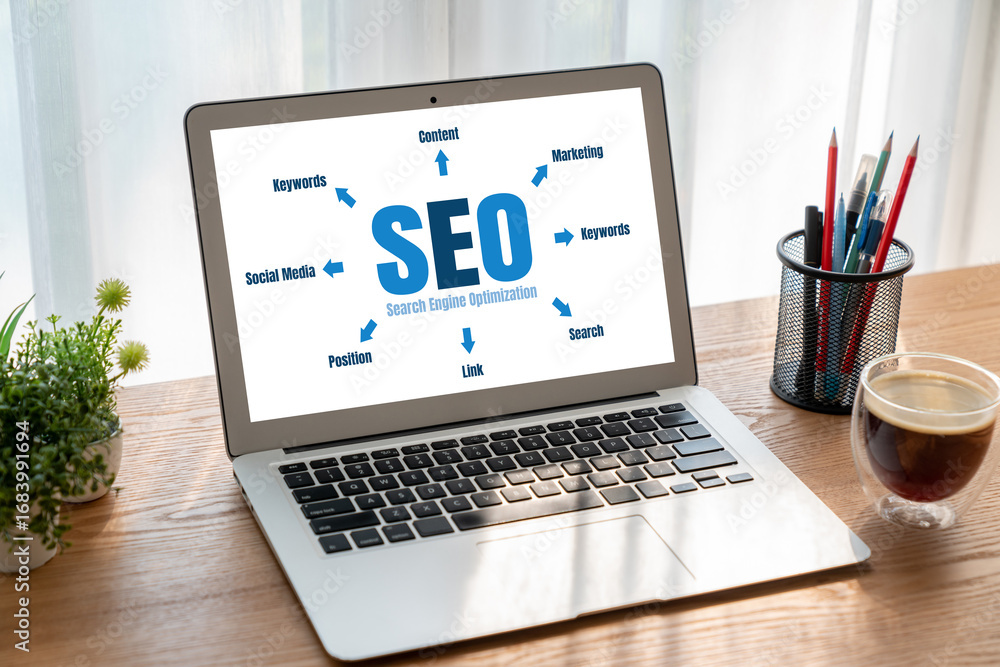 Poster seo search engine optimization for modish e-commerce and online retail business showing on computer 