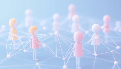 The illustration shows multiple small human-like figures of varying pastel colors connected by a complex web of thin white lines, set against a light-blue background.