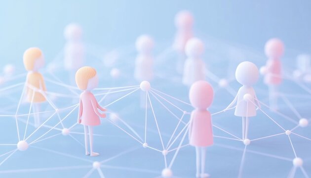 The illustration shows multiple small human-like figures of varying pastel colors connected by a complex web of thin white lines, set against a light-blue background.