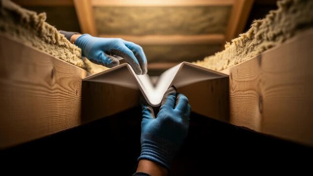 Detail shot of fingers pressing a baffle into place between rafters reinforcing proper airflow channels for energyefficient attic insulation.