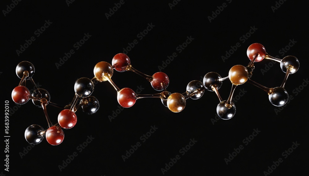 Poster the image shows a 3d rendering of an abstract molecule model, composed of metallic and glass spheres