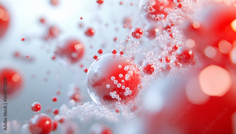 Poster the illustration shows many red spheres of different sizes surrounded by smaller white bubbles, crea